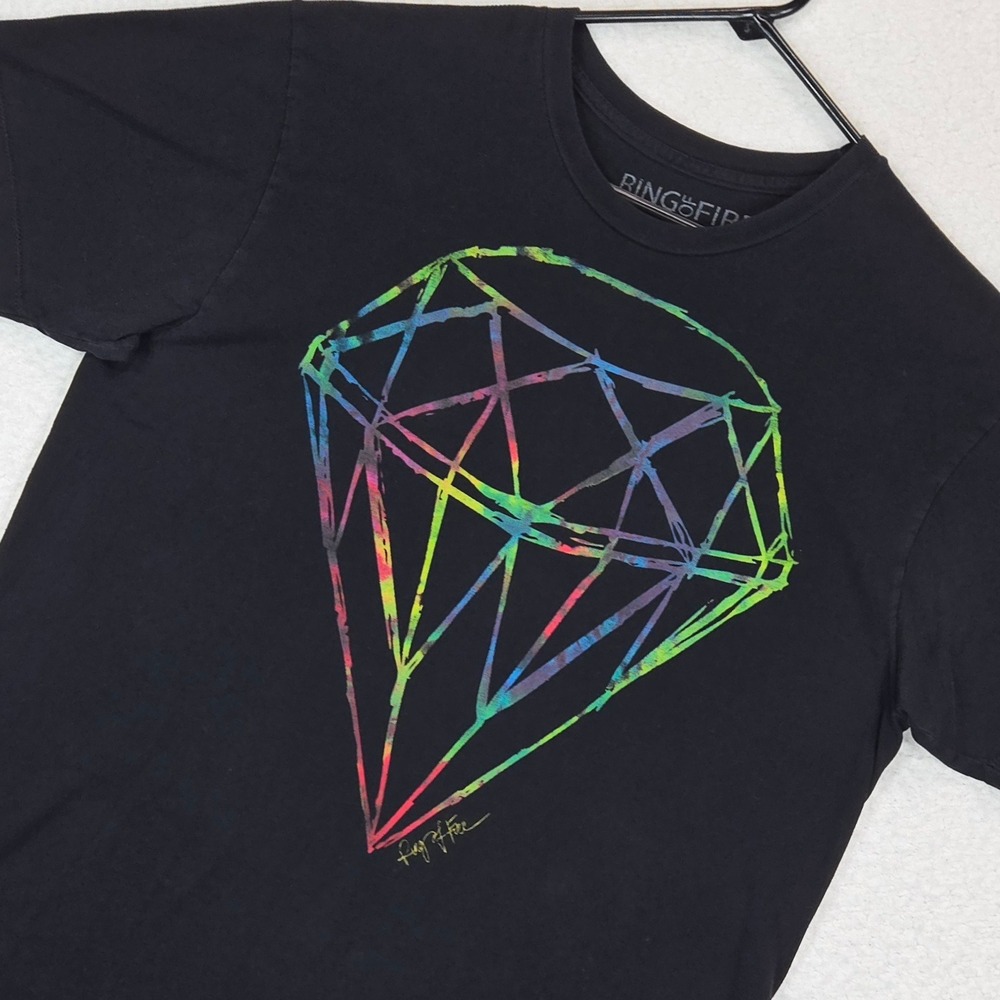 Ring of Fire Diamond Graphic Tee Mens Large Black Multi Color Short Sleeve Shirt